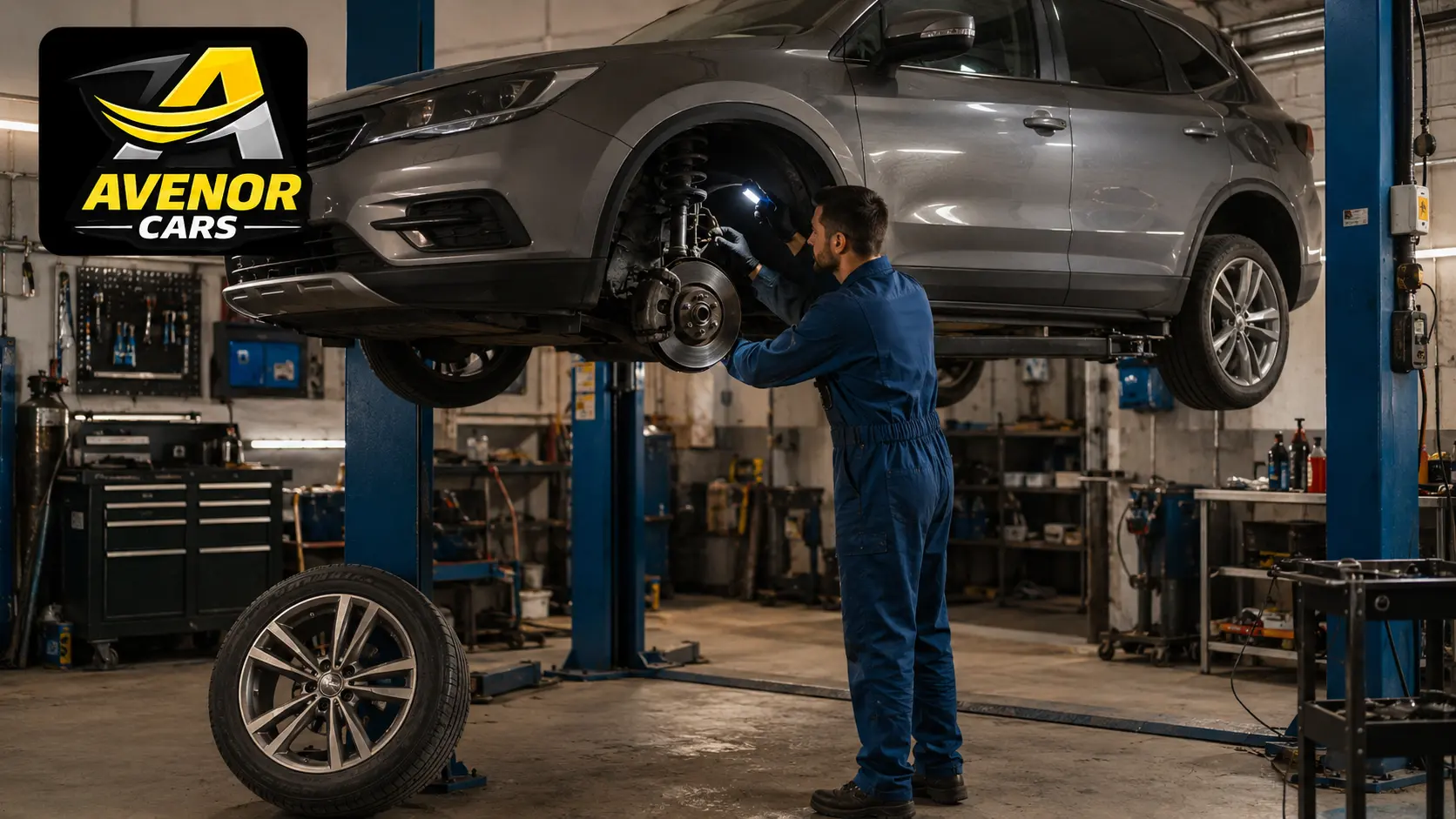 Mechanik Avenor Cars podczas kontroli zawieszenia samochodu